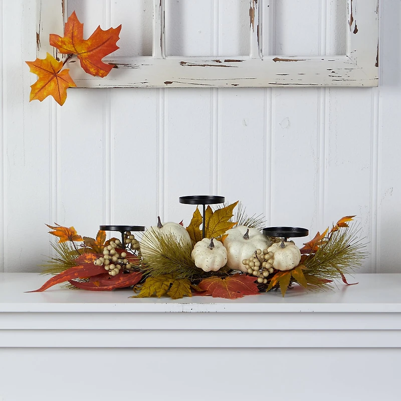 22" Pumpkin And Maple Leaf Autumn Candelabrum Arrangement