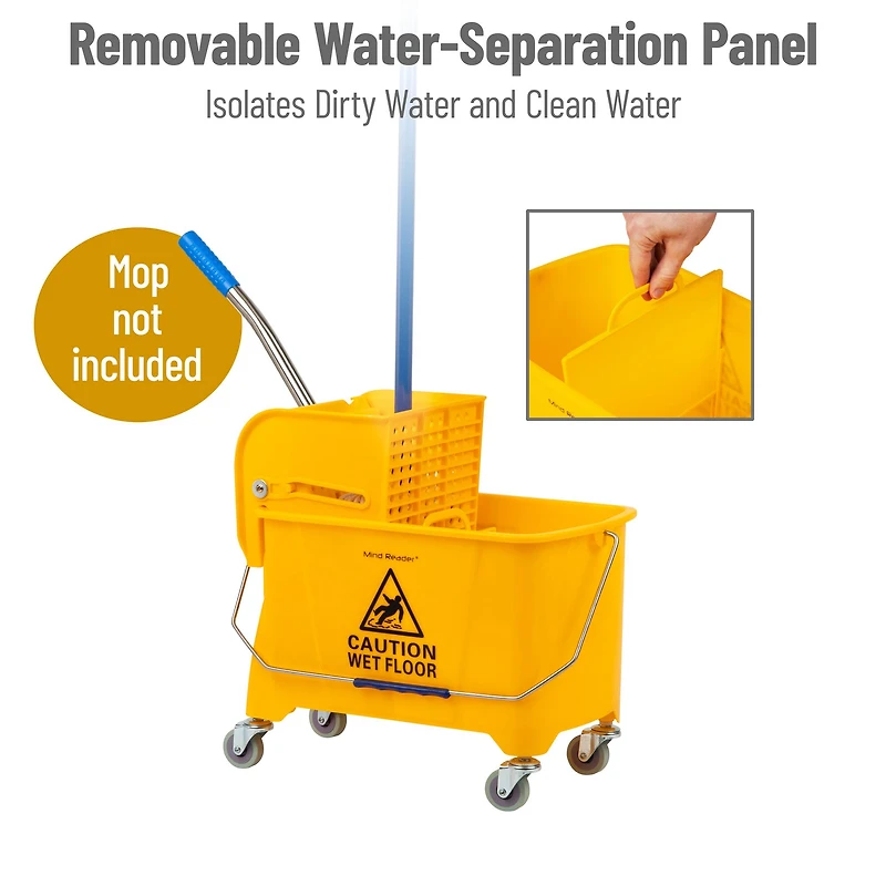 Mind Reader Mop Bucket with Wringer, 5.5 Gallon Upward Press, Plastic Cleaning Bucket with Handle and Wheels, Yellow
