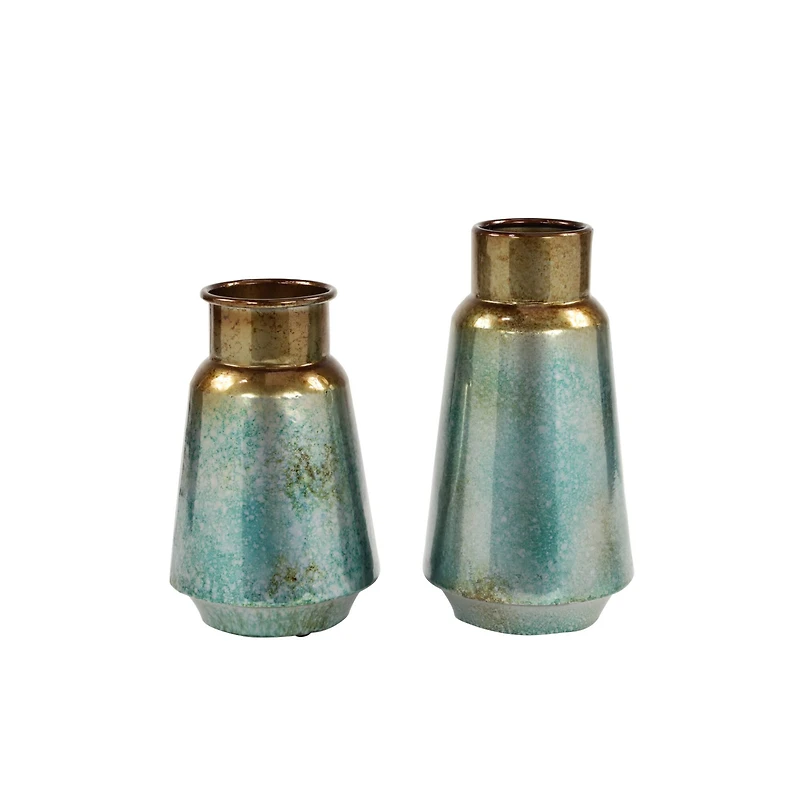 Set of 2 Turquoise Metal Rustic Vase, 15", 12"