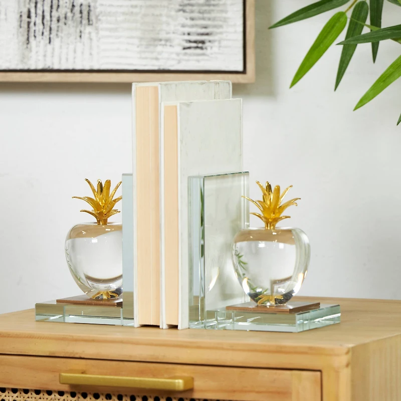 6" Clear Crystal Fruit Apple Bookends with Gold Leaves Set