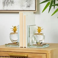 6" Clear Crystal Fruit Apple Bookends with Gold Leaves Set