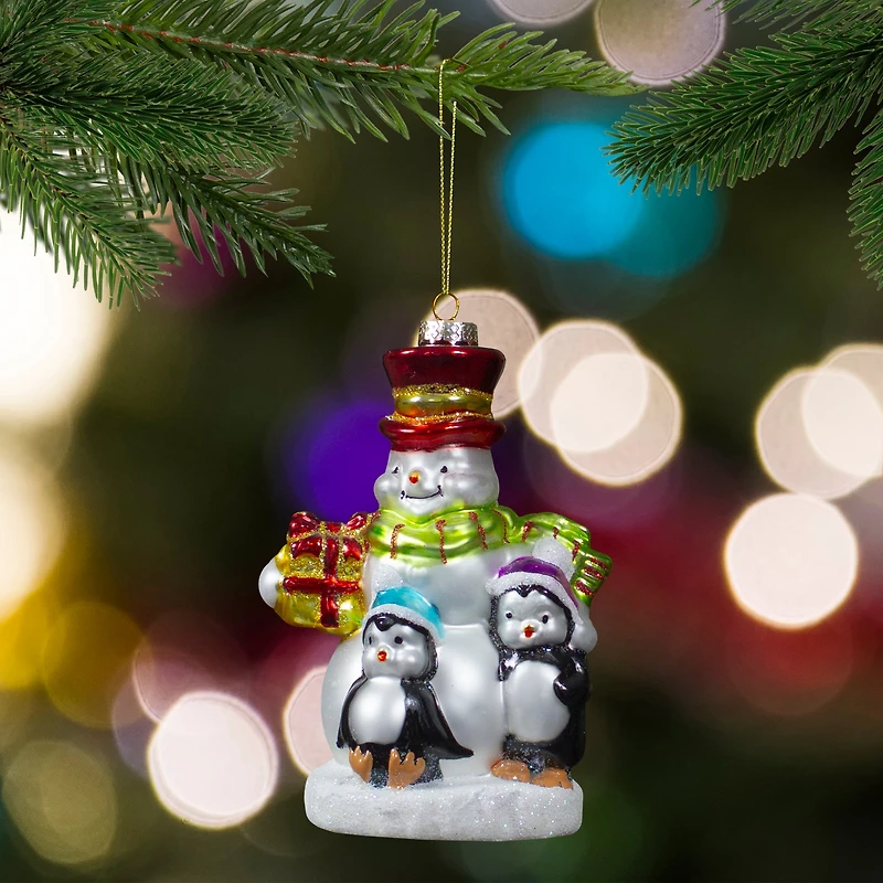 Snowman with Penguins Christmas Glass Ornament 