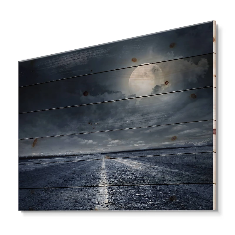 Designart - Asphalt Road Under Cloudy Full Moon I
