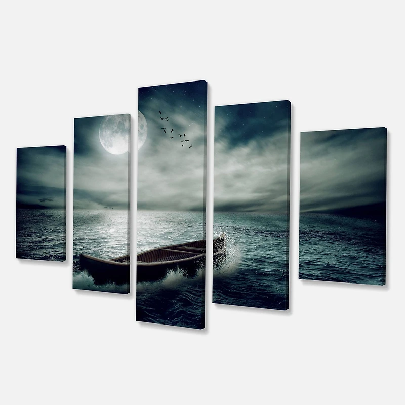 Designart - Boat Drifting Away After Storm - Large Seashore Canvas Art Print