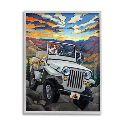 Stupell Industries Dogs Off-Roading Mountain Sunset Wall Art with Gray Frame