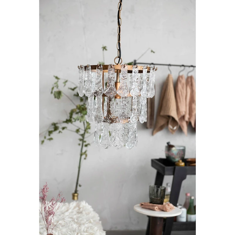Hello Honey® 13.5" Antique Finish Tiered Metal Chandelier with Organically Shaped Hanging Glass