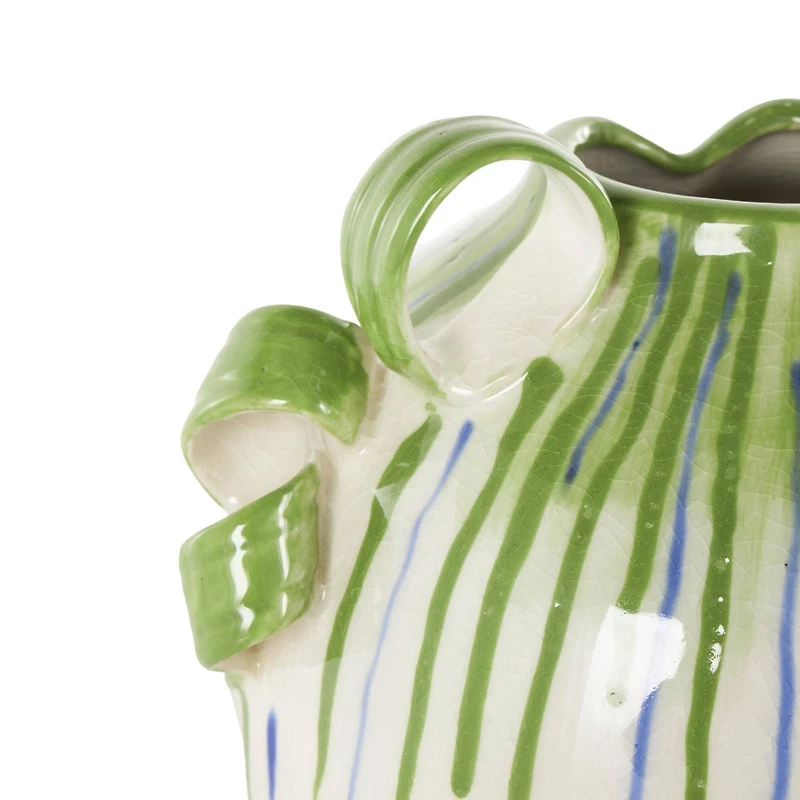 10.5" White Ceramic Vase with Green & Blue Drip Design & Handles