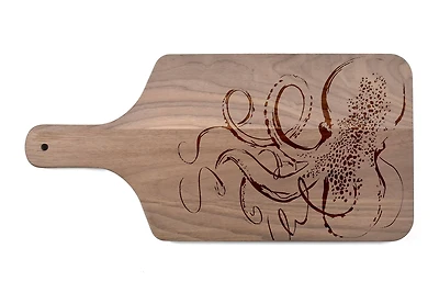 17" Sketched Octopus Walnut Wood Paddle Cutting Board