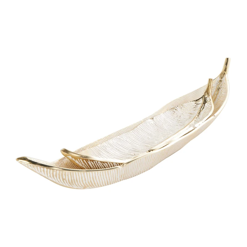 Silver Aluminum Leaf Slim Carved Decorative Bowl Set with Gold Metallic Accents