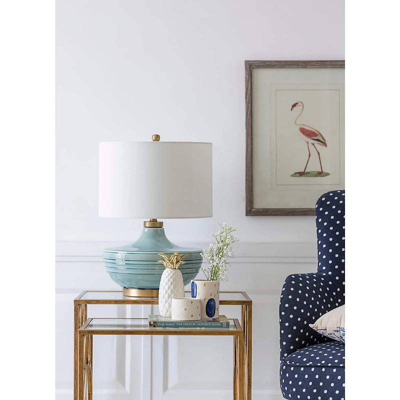 Hello Honey® Striped Aqua Ceramic Table Lamp with White Linen Shade