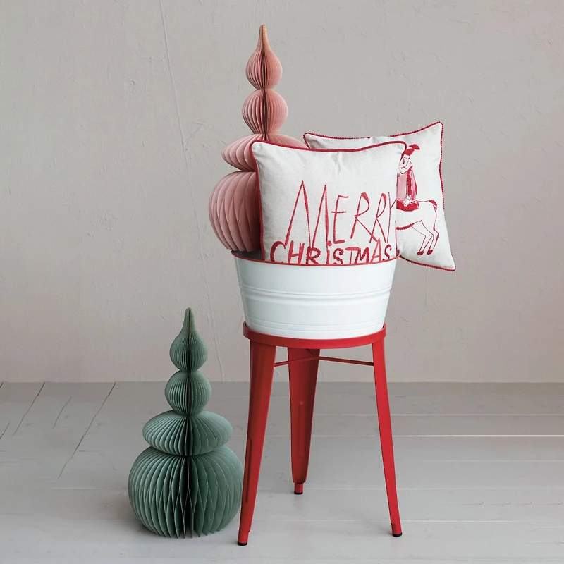 Hello Honey® 18" x 18" Square Natural & Red Merry Christmas Cotton Printed Pillow with Embroidery, Corduroy Back & Piping