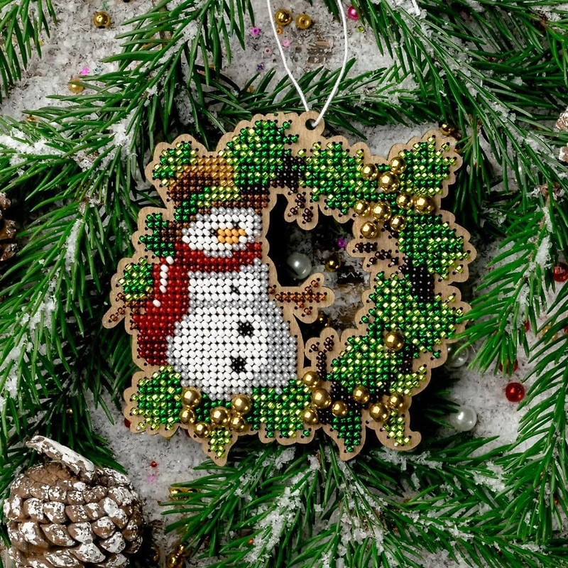 Wonderland Crafts Snowman Wreath Ornament Bead Embroidery on Wood Kit