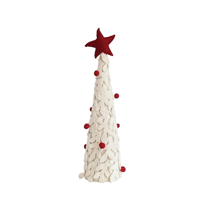 Hello Honey® 16" Red & Cream Handmade Wool Felt Applique Tree with Star & Pom Poms