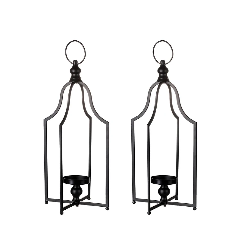 22" Modern Farmhouse Black Metal Candle Lantern Set