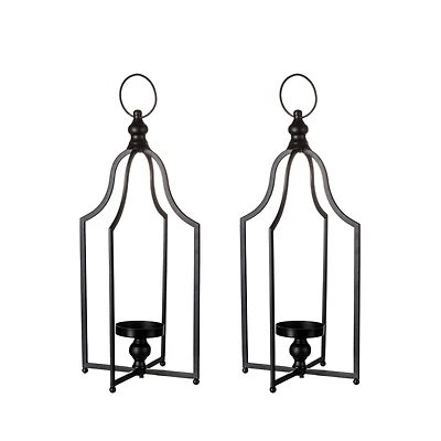 22" Modern Farmhouse Black Metal Candle Lantern Set
