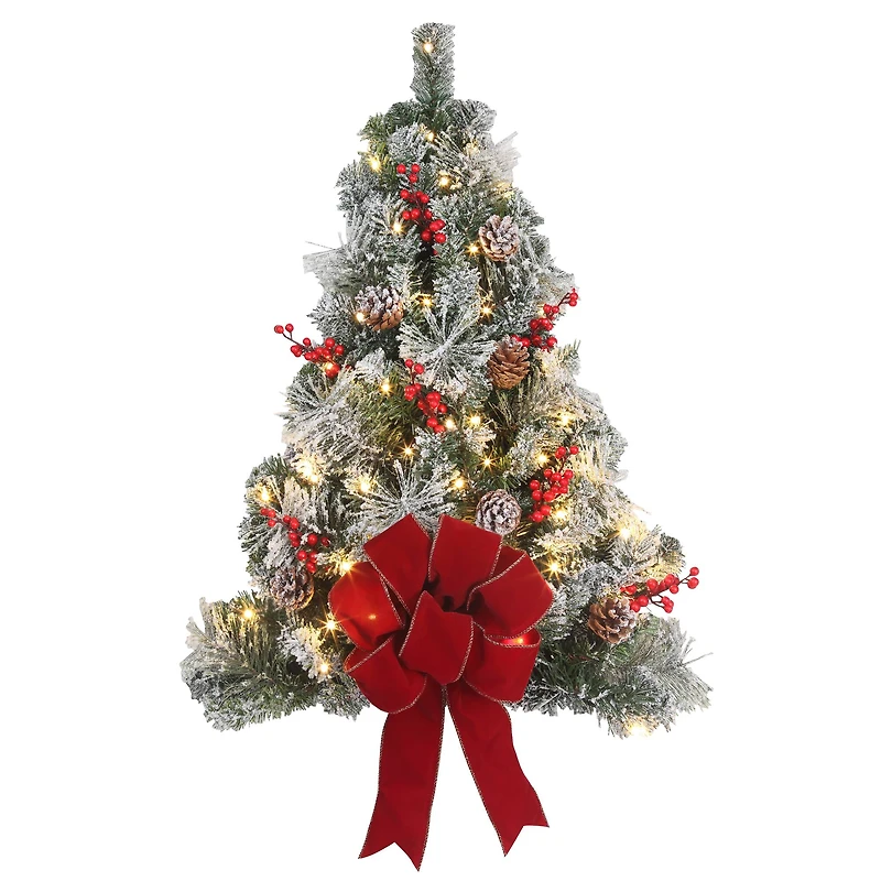 28" Pre-Lit Berry & Pinecone Flocked Artificial Wall Christmas Tree, Warm White LED Lights