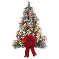 28" Pre-Lit Berry & Pinecone Flocked Artificial Wall Christmas Tree, Warm White LED Lights