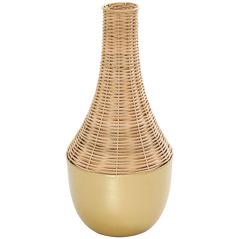 15" Brown & Gold Rattan Handmade Woven Vase