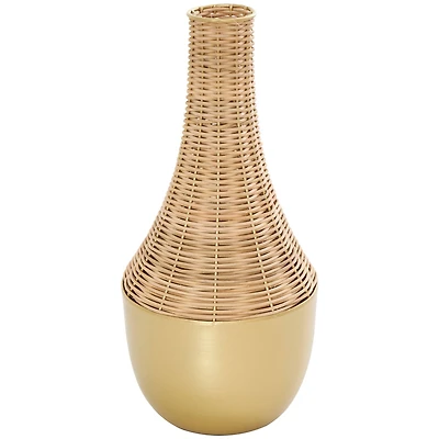 15" Brown & Gold Rattan Handmade Woven Vase