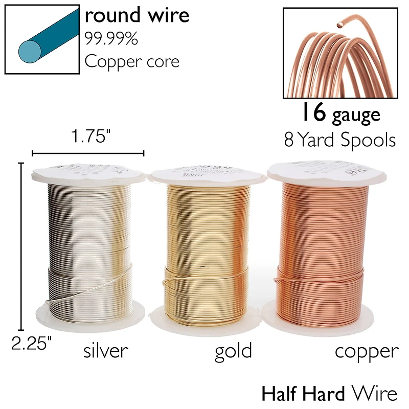 The Beadsmith® 16 Gauge Wire Elements™ Tarnish Resistant Medium Temper Gold, Silver & Copper Wire, 6ct.