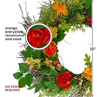 20" Orange & Yellow Ranunculus & Rose Spring Wreath