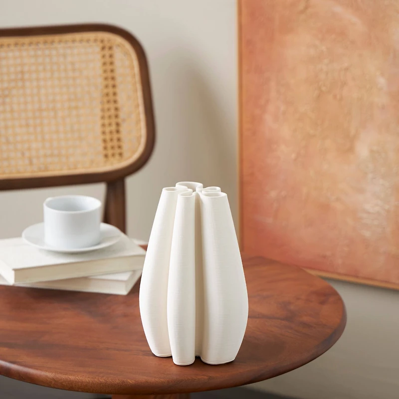 White Ceramic Abstract Ribbed Dimensional Concaved Vase with Floral Shaped Rim