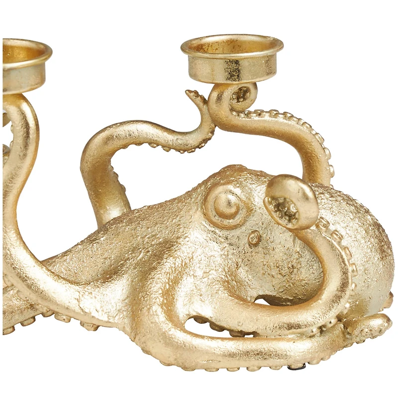 11" Gold Polystone Textured Octopus Candelabra with Tentacle Candle Slots