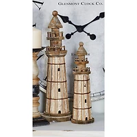 Set of 2 Brown Wood Coastal Light House Sculpture, 15", 20"