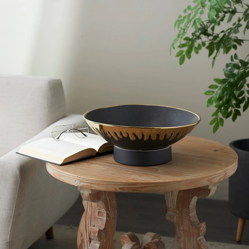 CosmoLiving by Cosmopolitan 15.25" Abstract Black with Gold Melting Drips Ceramic Decorative Bowl