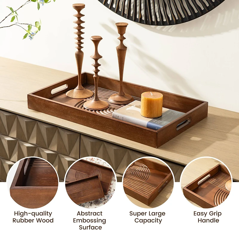 Glitzhome® Rectangle Rubber Wood Abstract Trays Set
