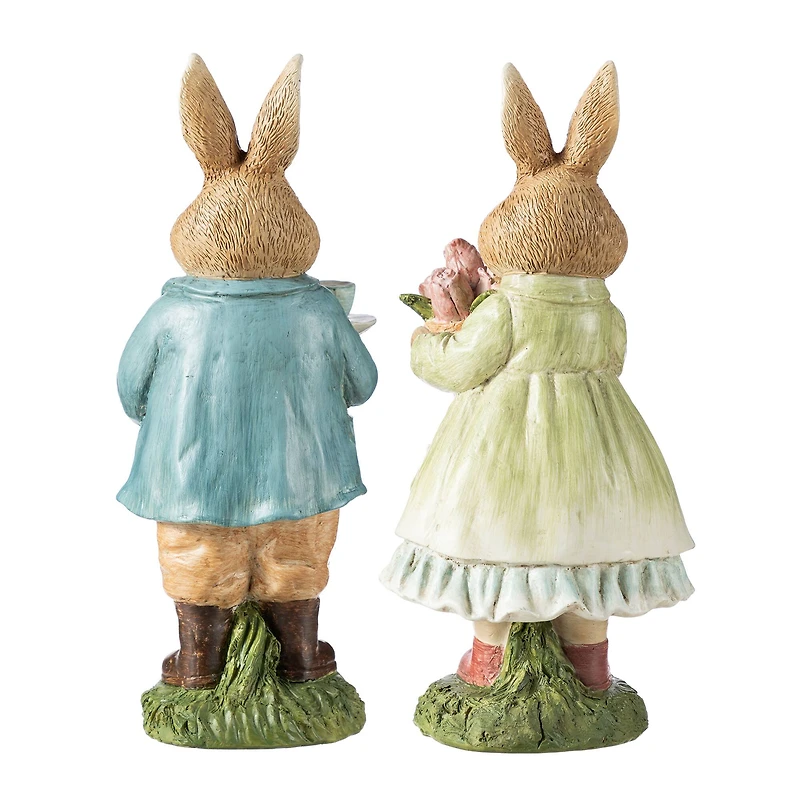 Glitzhome® 9.75" Easter Resin Bunny Couple with Coffee and Tulips Table Decor