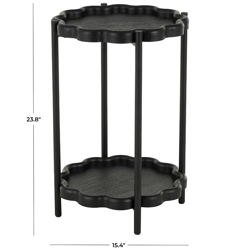 23.75" Black Wood Floral Inspired 2-Level Side End Accent Table with Metal Legs