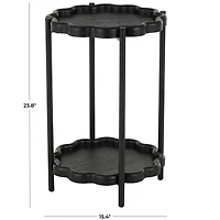23.75" Black Wood Floral Inspired 2-Level Side End Accent Table with Metal Legs