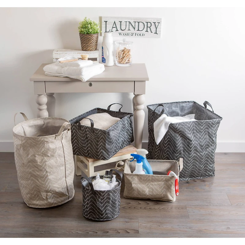 DII® Round Stone & Cream Tribal Chevron PE-Coated Woven Paper Laundry Bin Set