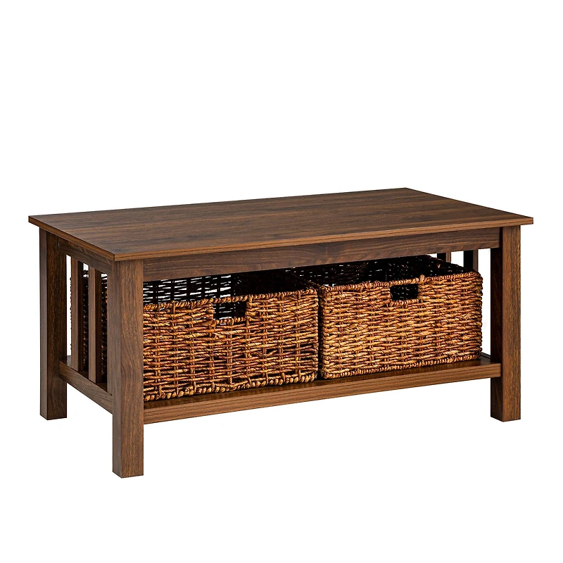 Walker Edison 40" Dark Walnut Mission Storage Coffee Table with Baskets