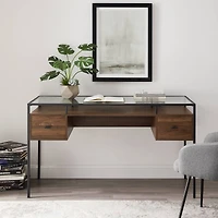 Walker Edison 56" Dark Walnut 2 Drawer Glass Top Desk