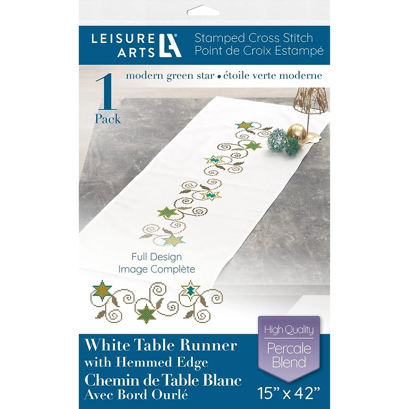 Leisure Arts® Modern Green Star Table Runner Stamped Cross Stitch Kit