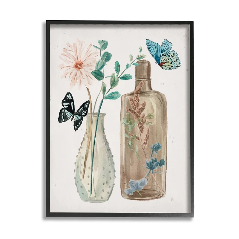 Stupell Industries Butterfly Blooming Floral Jars Tranquil Flower Still-Life in Frame Wall Art