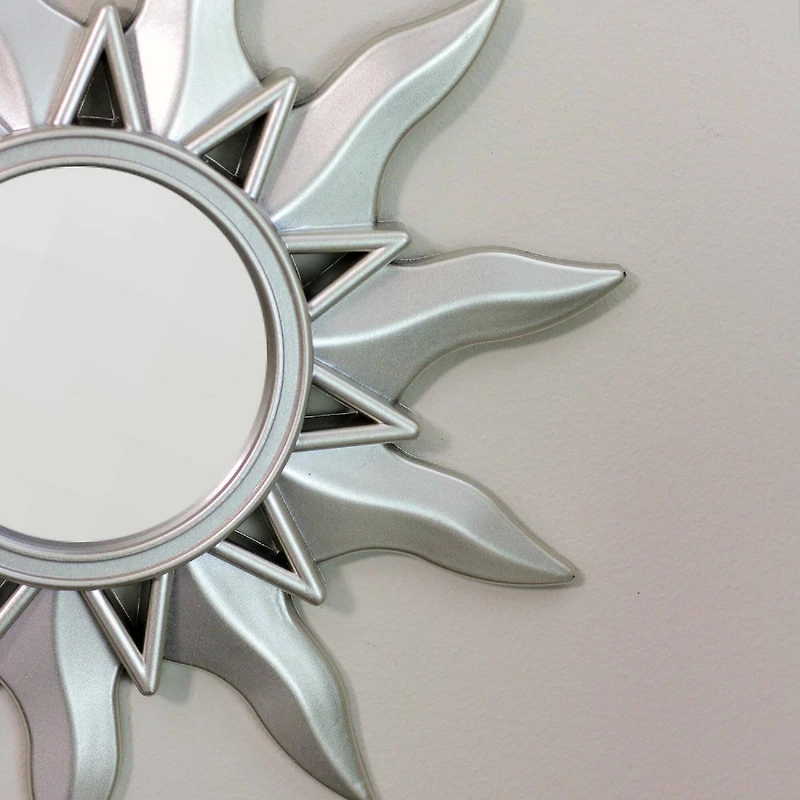 9.5" Mayan Sunburst Matte Silver Round Mirror Set