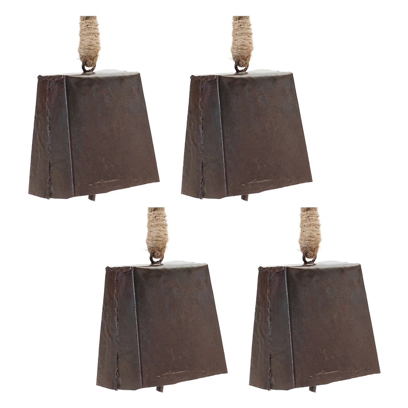 8.5" Bronze Metal Bell Ornament with Jute Rope Hanger, 4ct.