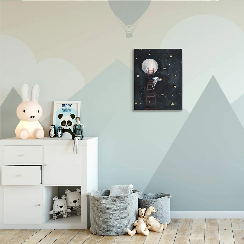 Stupell Industries Astronaut Hanging Stars Outer Space Ladder to Moon Canvas Wall Art