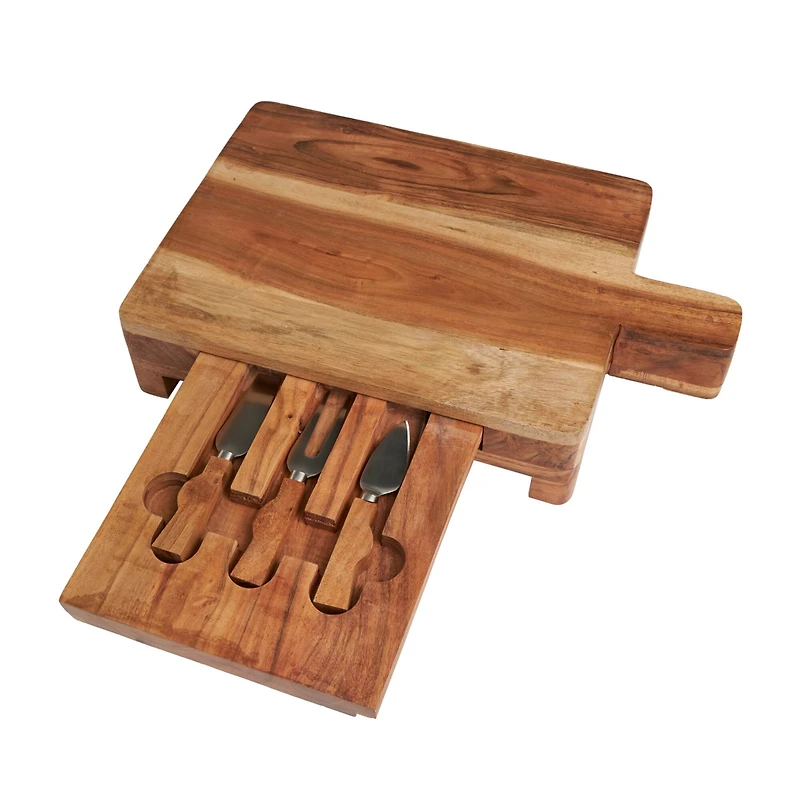 Brown Wood Handmade Cutting Board with 3 Cheese Knives Set