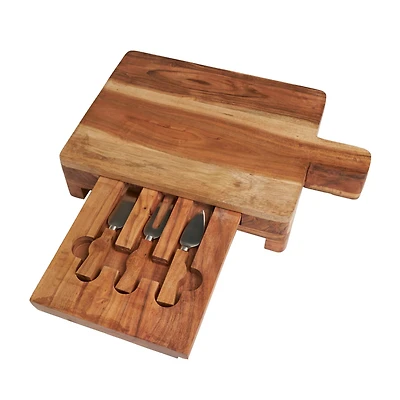 Brown Wood Handmade Cutting Board with 3 Cheese Knives Set