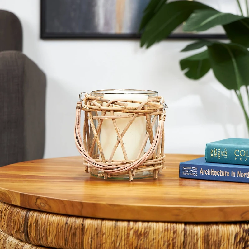 8" Clear Glass Handmade Candle Lantern with Brown Rattan Woven Exterior & Twisted Handle