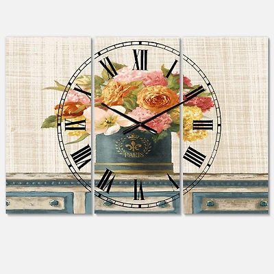 Designart Tulips In Teal And Gold Hatbox On Linen Multipanel Wall Clock
