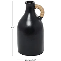 18" Black Ceramic Jug Inspired Vase with Rattan Wrapped Handle 