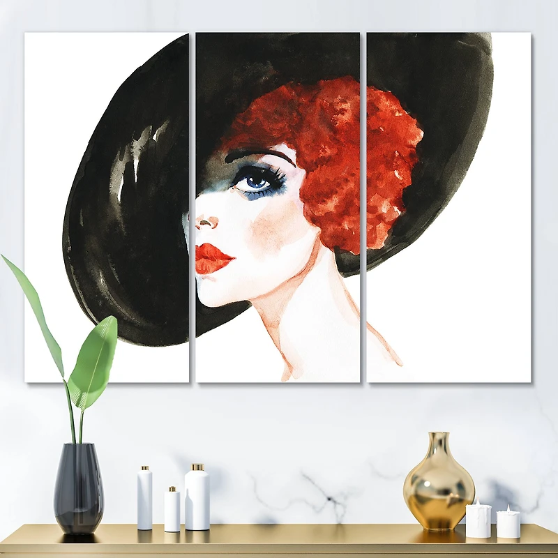 Designart - Red Head Lady In Hat Portrait of Woman