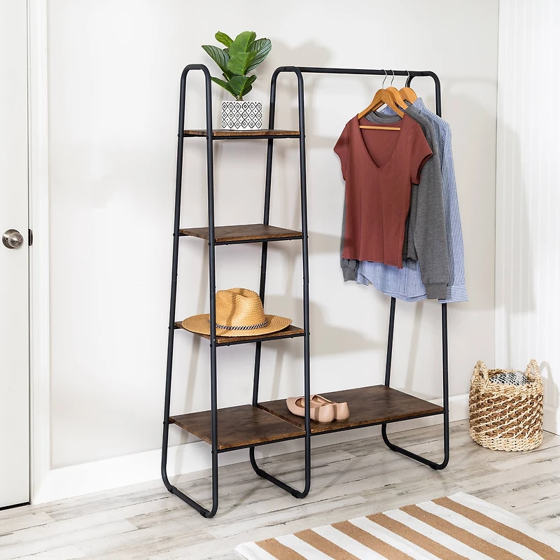 Honey Can Do Black/Natural Freestanding Metal Clothing Rack with Wood Shelves