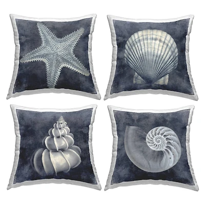 Stupell Industries Nautical Distressed Seashells and Starfish Blue White 4 Pillows, Each 18" x 18"