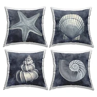 Stupell Industries Nautical Distressed Seashells and Starfish Blue White 4 Pillows, Each 18" x 18"